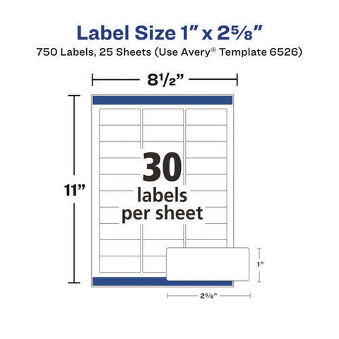 Glossy White Easy Peel Mailing Labels W/ Sure Feed Technology, Laser Printers, 1 X 2.63, White, 30/sheet, 25 Sheets/pack