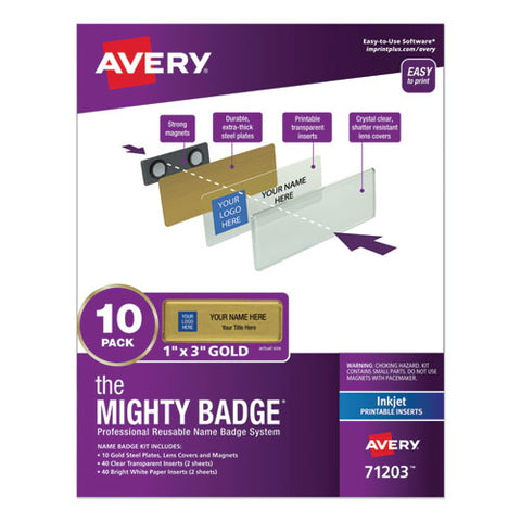 The Mighty Badge Name Badge Holder Kit, Horizontal, 3 X 1, Inkjet, Gold, 10 Holders/ 80 Inserts