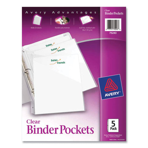 Binder Pockets, 3-hole Punched, 9.25 X 11, Clear, 5/pack