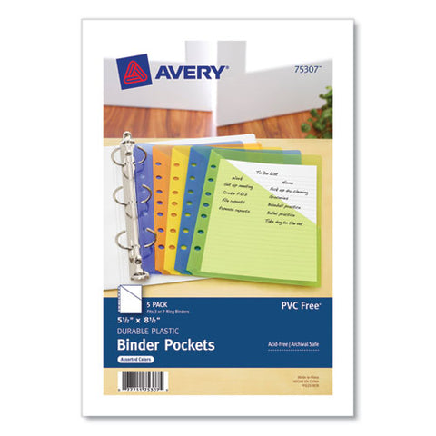 Small Binder Pockets, Standard, 7-hole Punched, Assorted, 9.25 X 5.5, 5/pack