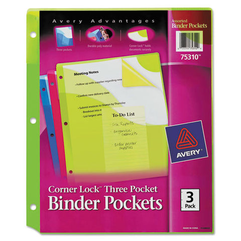 Corner Lock Three-pocket Binder Pocket, 9.25 X 11.25, Assorted Color, 3/pack