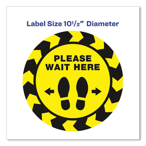 Social Distancing Floor Decals, 10.5" Dia, Please Wait Here, Yellow/black Face, Black Graphics, 5/pack