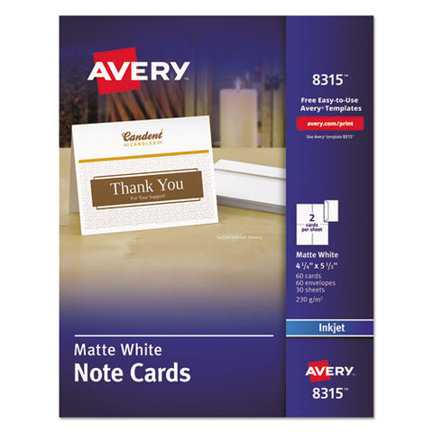 Note Cards With Matching Envelopes, Inkjet, 85 Lb, 4.25 X 5.5, Matte White, 60 Cards, 2 Cards/sheet, 30 Sheets/pack