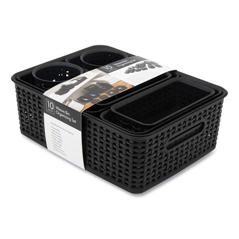 Plastic Weave Basket Bins, Assorted Sizes, Black, 10/pack