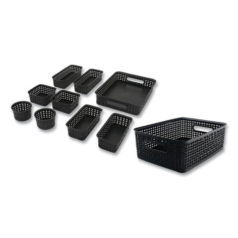 Plastic Weave Basket Bins, Assorted Sizes, Black, 10/pack