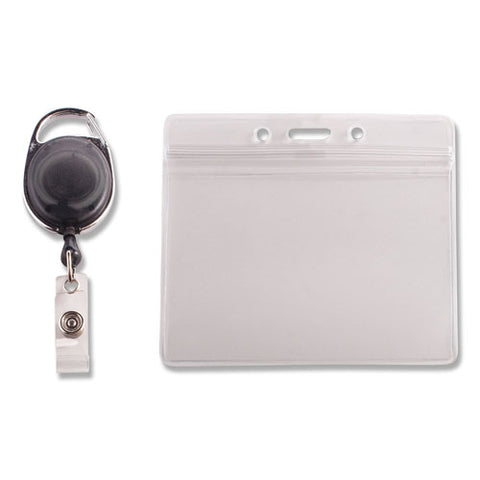 Resealable Badge Holder Combo With Badge Reel, 30" Cord, Horizontal, Frost 4.13" X 3.75" Holder, 3.75" X 2.63" Insert, 10/pk