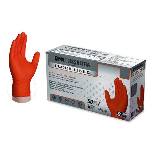 Ultra Industrial Flock-lined Nitrile Disposable Gloves, Medium, 8 Mil Thick, 9.06" Long, Orange, 50/box, 10 Boxes/carton