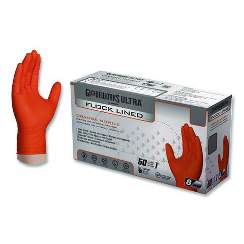Ultra Industrial Flock-lined Nitrile Disposable Gloves, X-large, 8 Mil Thick, 9.06" Long, Orange, 50/box, 10 Boxes/carton