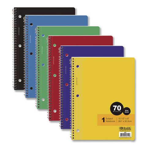 Spiral Notebooks, 1-subject, Wide Rule, Assorted Color Covers, (70) 10.5 X 8 Sheets,  24/carton