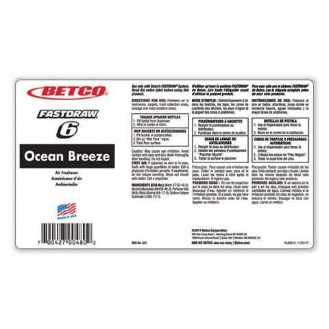Bestscent Ocean Breeze Fastdraw Deodorizer, Ocean Breeze, 67.6 Oz Fastdraw Bottle, 4/carton