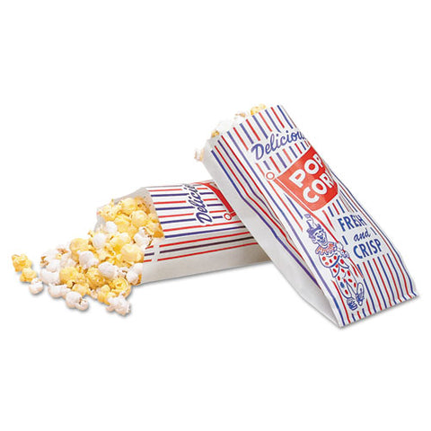 Pinch-bottom Paper Popcorn Bag, Delicious Popcorn: Circus Clown Icon Labeling, 4" X 1.5" X 8", Red/white/blue, 1,000/carton