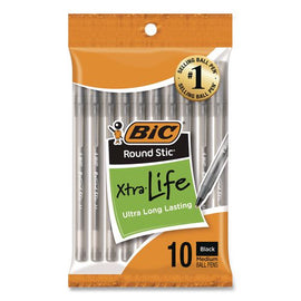 Round Stic Xtra Life Ballpoint Pen, Stick, Medium 1 Mm, Black Ink, Smoke Barrel, 10/pack