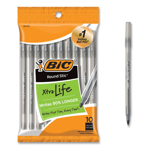 Round Stic Xtra Life Ballpoint Pen, Stick, Medium 1 Mm, Black Ink, Smoke Barrel, 10/pack