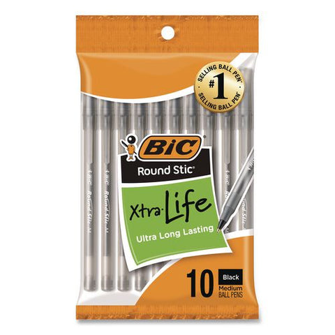 Round Stic Xtra Life Ballpoint Pen, Stick, Medium 1 Mm, Black Ink, Smoke Barrel, 10/pack