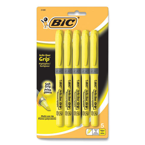 Brite Liner Grip Pocket Highlighter, Fluorescent Yellow Ink, Chisel Tip, Yellow/black/silver Barrel, 5/pack