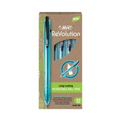 Revolution Ocean Bound Ballpoint Pen, Retractable, Medium 1 Mm, Black Ink, Translucent Blue Barrel, Dozen