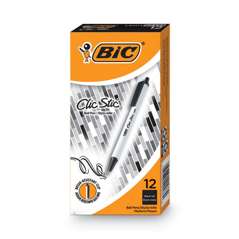 Clic Stic Ballpoint Pen, Retractable, Medium 1 Mm, Black Ink, White Barrel, Dozen