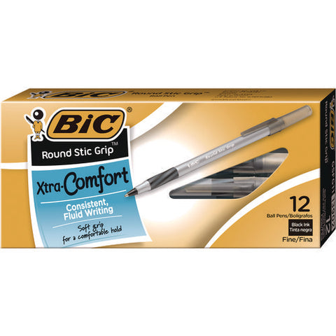 Round Stic Grip Xtra Comfort Ballpoint Pen, Stick, Fine 0.8 Mm, Black Ink, Gray/black Barrel, Dozen