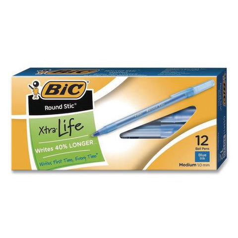 Round Stic Xtra Life Ballpoint Pen, Stick, Medium 1 Mm, Blue Ink, Translucent Blue Barrel, 12/box, 36 Boxes/carton