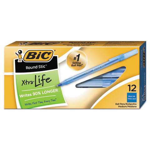 Round Stic Xtra Life Ballpoint Pen, Stick, Medium 1 Mm, Blue Ink, Translucent Blue Barrel, Dozen