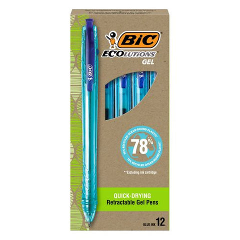 Ecolutions Gel Pen, Retractable, Medium 1 Mm, Blue Ink, Blue Barrel, Dozen