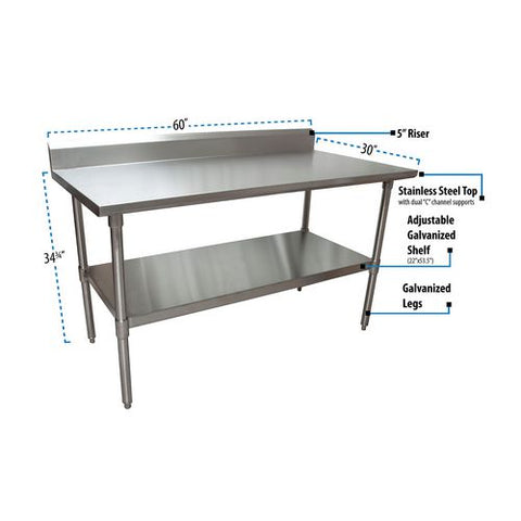 Stainless Steel 5" Riser Top Tables, 60w X 30d X 39.75h, Silver, 2/pallet