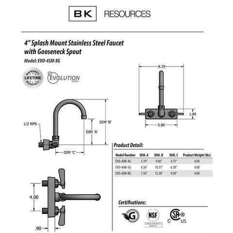 Evolution Splash Mount Stainless Steel Faucet, 12.38" Height/8" Reach, Stainless Steel