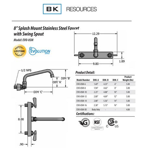 Evolution Splash Mount Stainless Steel Faucet, 4.88" Height/10" Reach, Stainless Steel