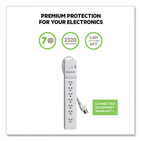 Home/office Surge Protector, 7 Ac Outlets, 6 Ft Cord, 2,320 J, White