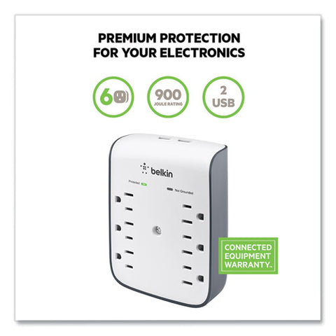 Surgeplus Usb Wall Mount Charger, 6 Ac Outlets/2 Usb Ports, 900 J, White/black