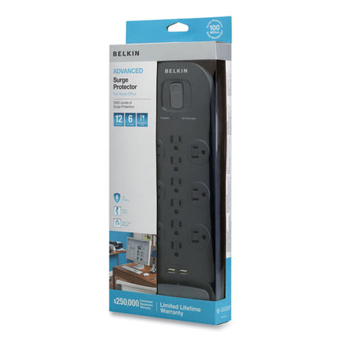 Home/office Surge Protector, 12 Ac Outlets, 6 Ft Cord, 3,996 J, White/black