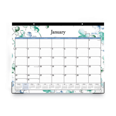 Lindley Desk Pad, Floral Artwork, 22 X 17, White/blue/green Sheets, Black Binding, Clear Corners, 12-month (jan To Dec): 2025