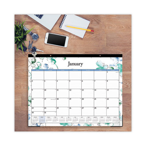 Lindley Desk Pad, Floral Artwork, 22 X 17, White/blue/green Sheets, Black Binding, Clear Corners, 12-month (jan To Dec): 2025