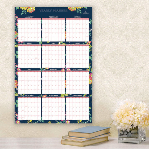 Day Designer Peyton Laminated Erasable Wall Calendar, Floral Artwork, 36 X 24, White/navy Sheets, 12-month (jan To Dec): 2025