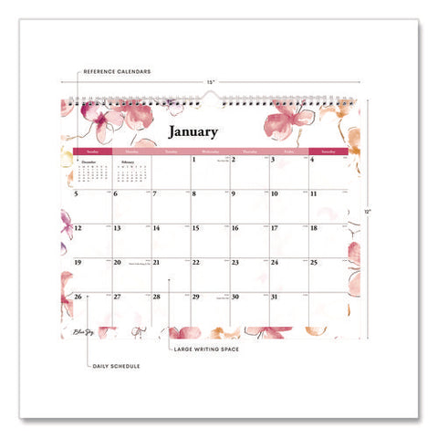 Lindley Wall Calendar, Floral Artwork, 15 X 12, White/pink/red Sheets, 12-month (jan To Dec): 2025