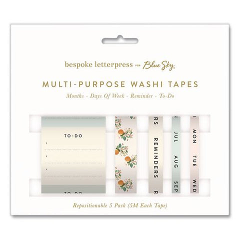 Blue Sky Bespoke Letterpress Assorted Washi Tape, 5 M, Assorted Widths, Assorted Colors/designs 5/pack