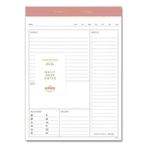 Bespoke Letterpress Daily Desk Notes Planner Pad, 7 X 9, Camellia Pink Headband, Undated
