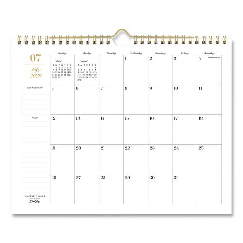 Sincerely Jules Elevated Academic Monthly Wall Calendar, 11 X 8.75, White Sheets, 12-month (july To June): 2026 To 2027
