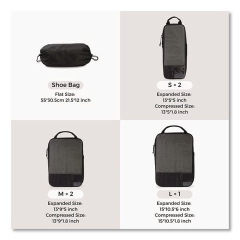 Six-piece Packing Cube Set, 5 Cubes And 1 Shoe Bag, Assorted Sizes, Black