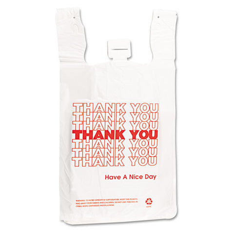 Plastic Thank-you T-sack, Thank You - Have A Nice Day Labeling, Cut-out Handles, 4" X 6" X 15", White/red, 2,000/carton