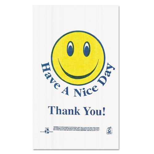 Smiley Face Shopping Bags, Thank You - Have A Nice Day Labeling, Cut-out Handles, 11.5" X 6.5" X 21", White/red, 900/carton