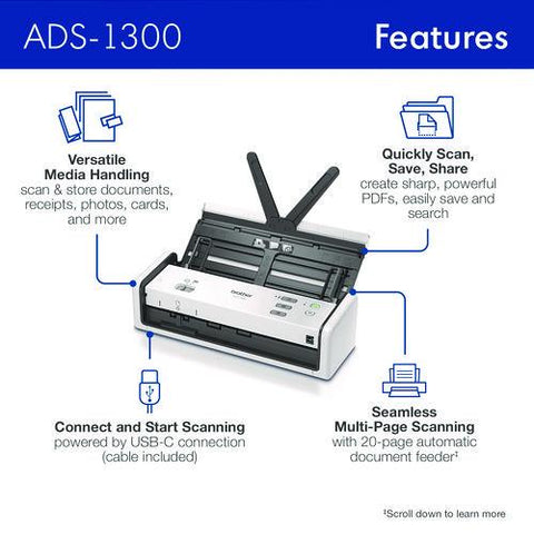 Ads-1300 Compact Desktop Scanner, 600 Dpi Optical Resolution, 20-sheet Duplex Auto Document Feeder