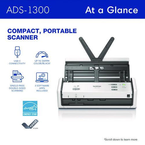Ads-1300 Compact Desktop Scanner, 600 Dpi Optical Resolution, 20-sheet Duplex Auto Document Feeder