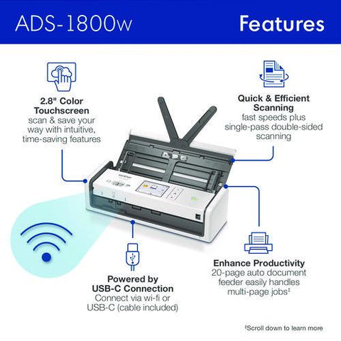 Ads-1800w Compact Desktop Scanner, 600 Dpi Optical Resolution, 20-sheet Duplex Auto Document Feeder
