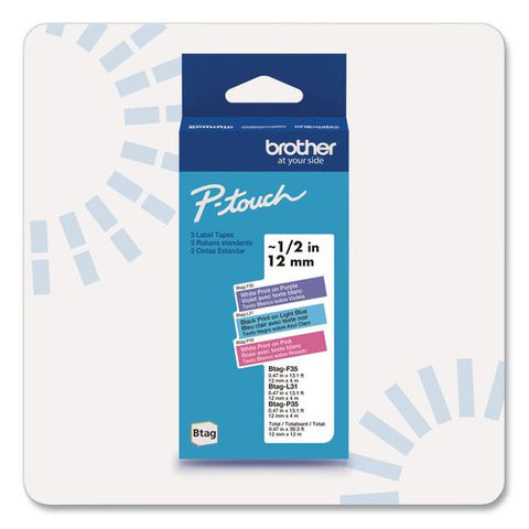 Genuine P-touch Btag Label Tapes, 0.47" X 13.1 Ft, White On Purple, Black On Light Blue, White On Pink