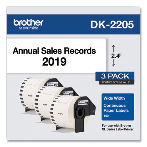 Continuous Paper Label Tape, 2.4" X 100 Ft, White, 3 Rolls/pack