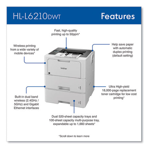 Hl-l6210dwt Wireless Business Monochrome Laser Printer With Dual Paper Trays