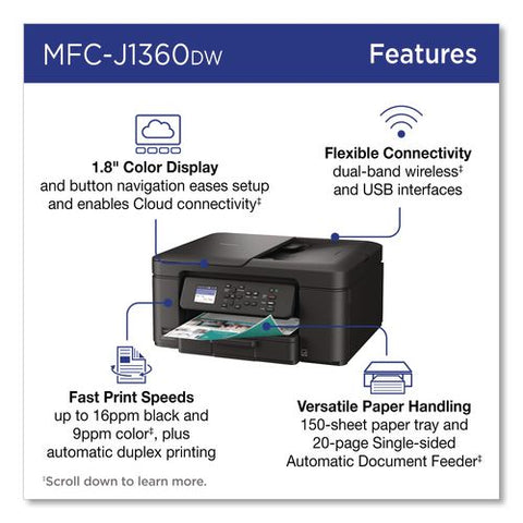 Mfcj1360dw Work Smart 1360 Wireless Color Inkjet Aio Printer, Copy/print/scan