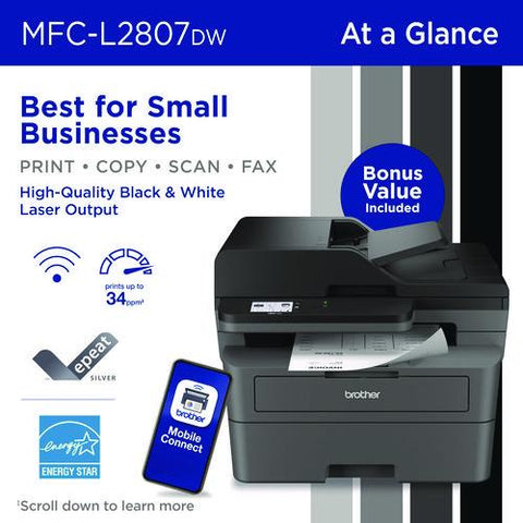 Mfc-l2807dw Wireless Compact Monochrome Aio Laser Printer, Copy, Fax, Print, Scan