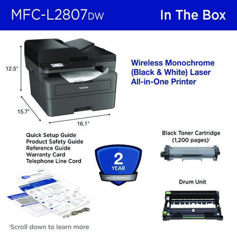 Mfc-l2807dw Wireless Compact Monochrome Aio Laser Printer, Copy, Fax, Print, Scan
